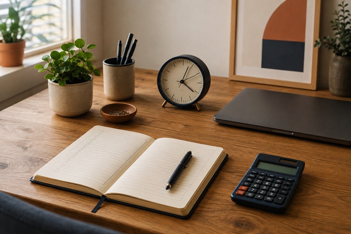 Mesa de trabalho com relógio analógico, caderno aberto, caneta e calculadora para registrar uma jornada