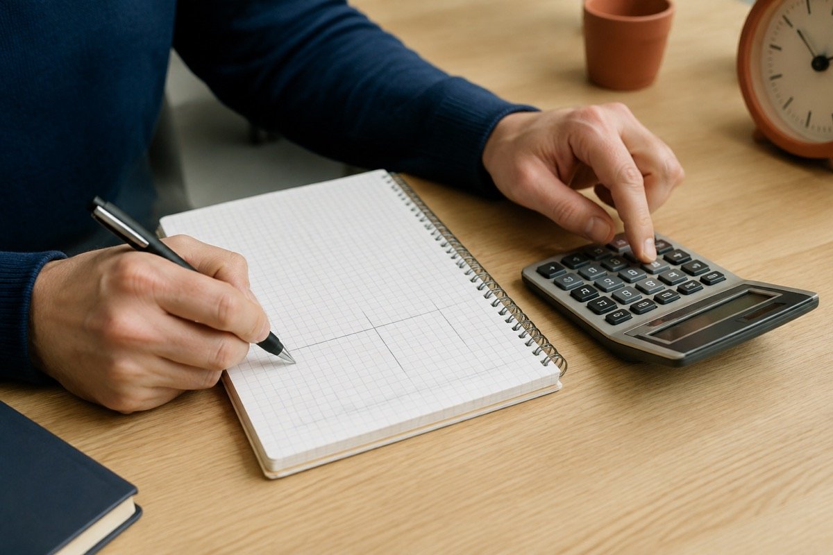 Pessoa comparando uma duração anotada com o resultado de uma calculadora ao lado de um relógio