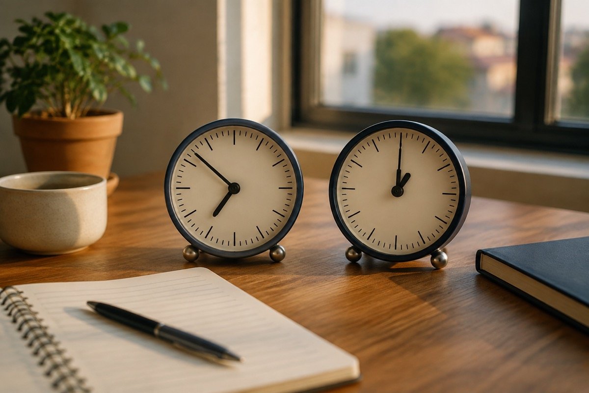 Dois relógios analógicos mostrando horários diferentes sobre uma mesa de trabalho