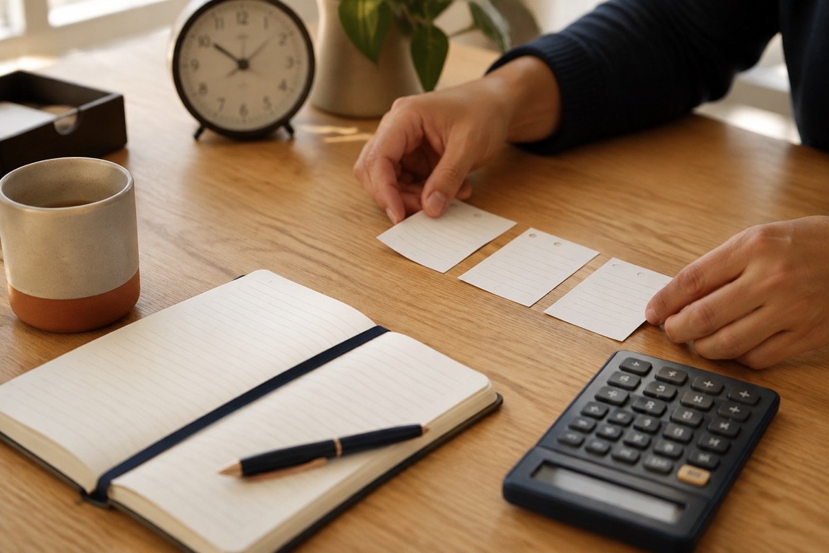 Pessoa organizando três registros de duração junto de um caderno, calculadora e relógio